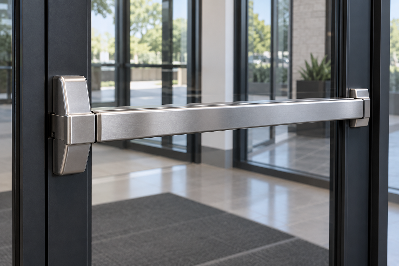 Commercial door fitted with stainless steel push-bar exit hardware