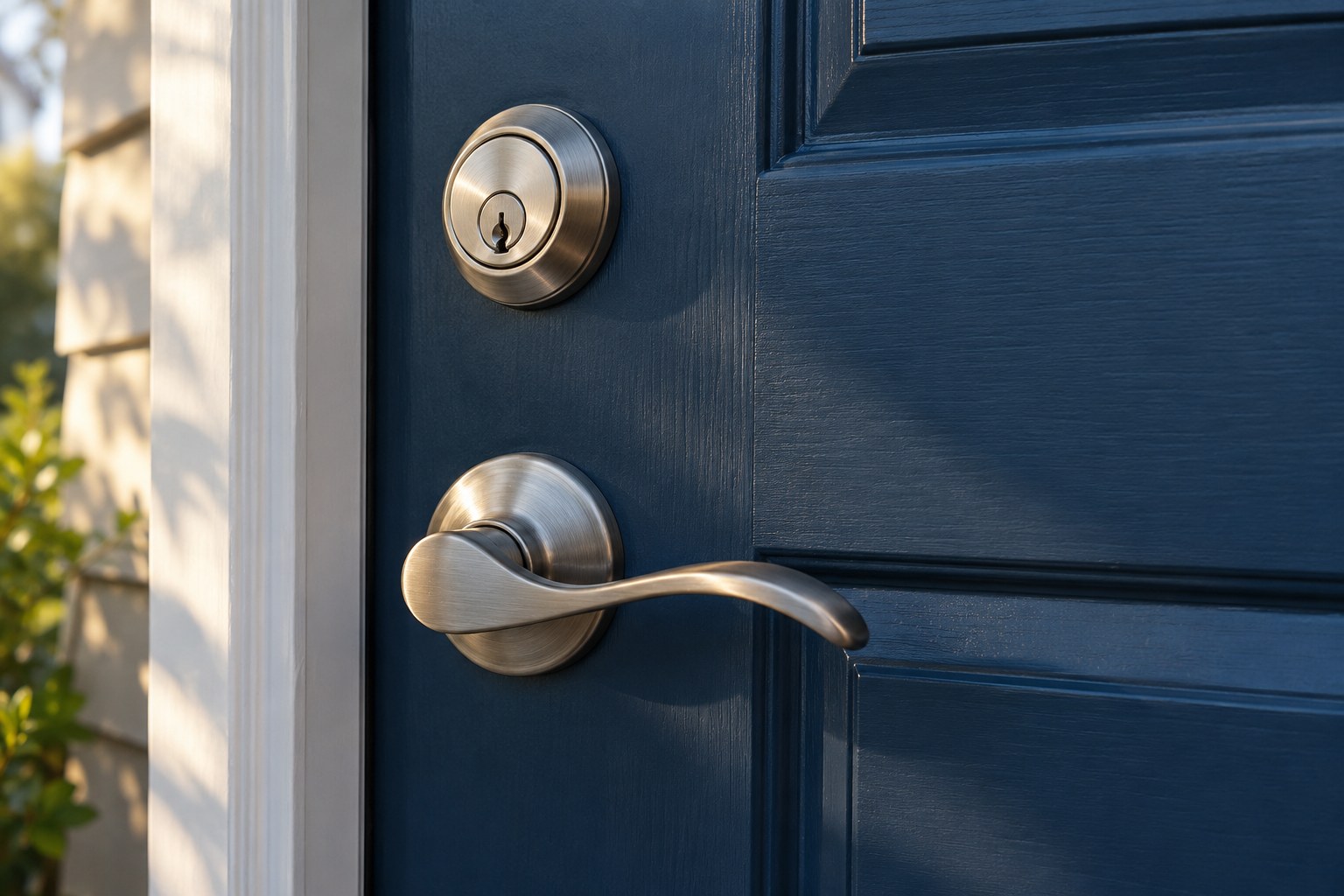 Brushed metal lock and handle on a dark front door